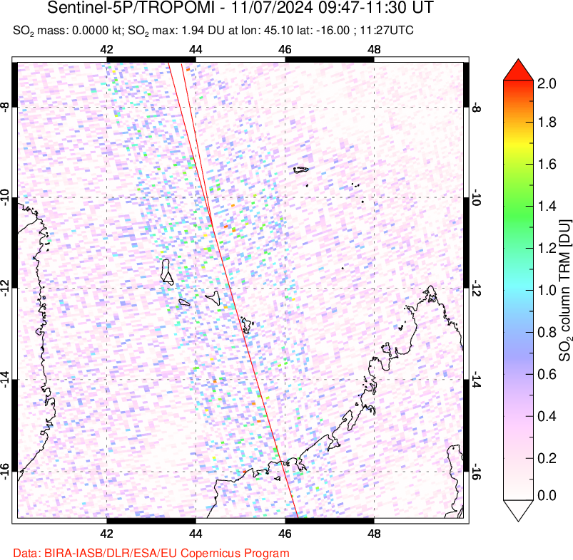 A sulfur dioxide image over Comoro Islands on Nov 07, 2024.