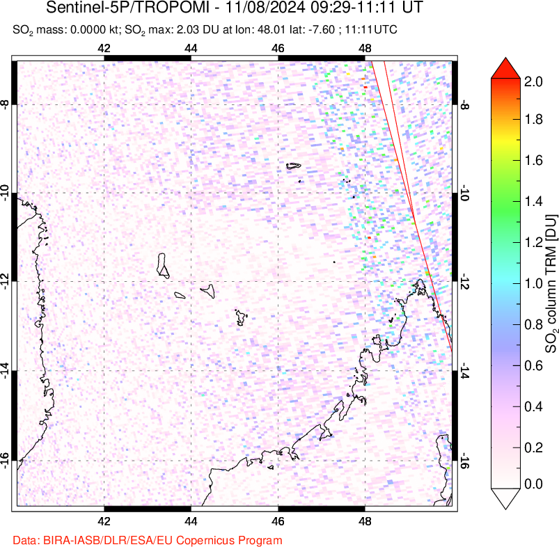 A sulfur dioxide image over Comoro Islands on Nov 08, 2024.