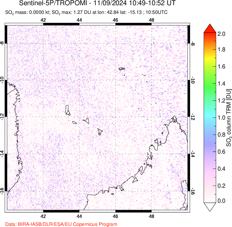 A sulfur dioxide image over Comoro Islands on Nov 09, 2024.