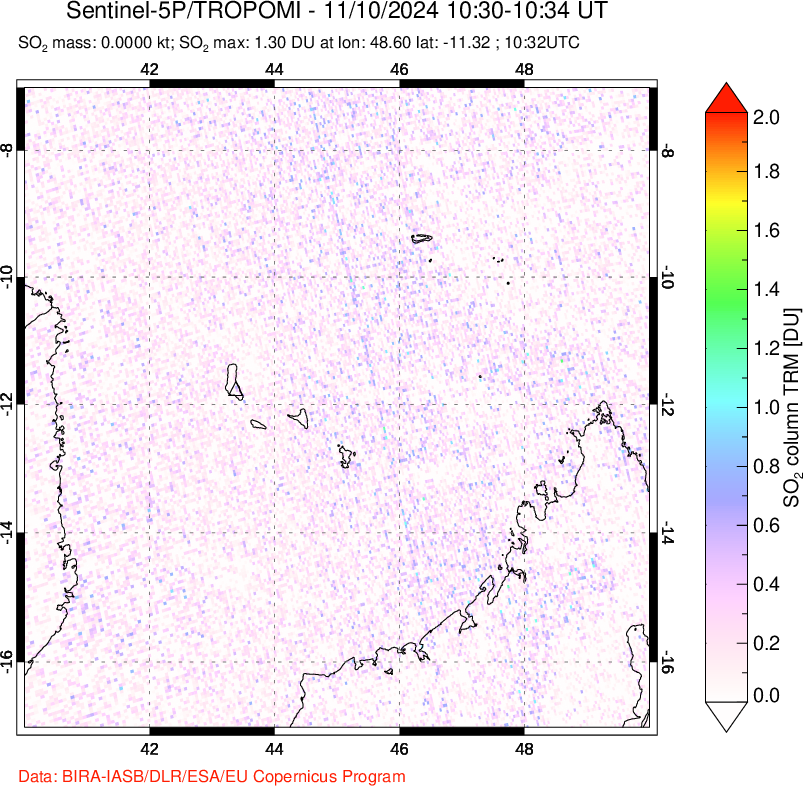 A sulfur dioxide image over Comoro Islands on Nov 10, 2024.