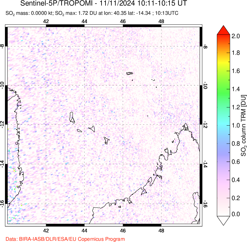 A sulfur dioxide image over Comoro Islands on Nov 11, 2024.