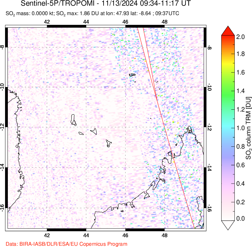 A sulfur dioxide image over Comoro Islands on Nov 13, 2024.