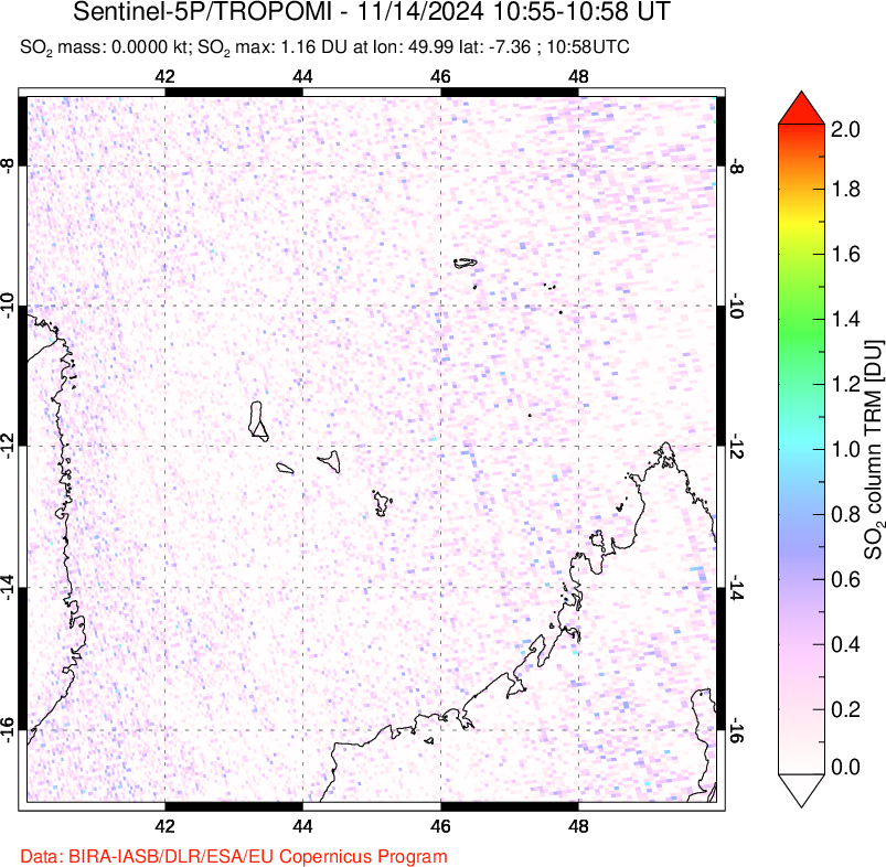 A sulfur dioxide image over Comoro Islands on Nov 14, 2024.