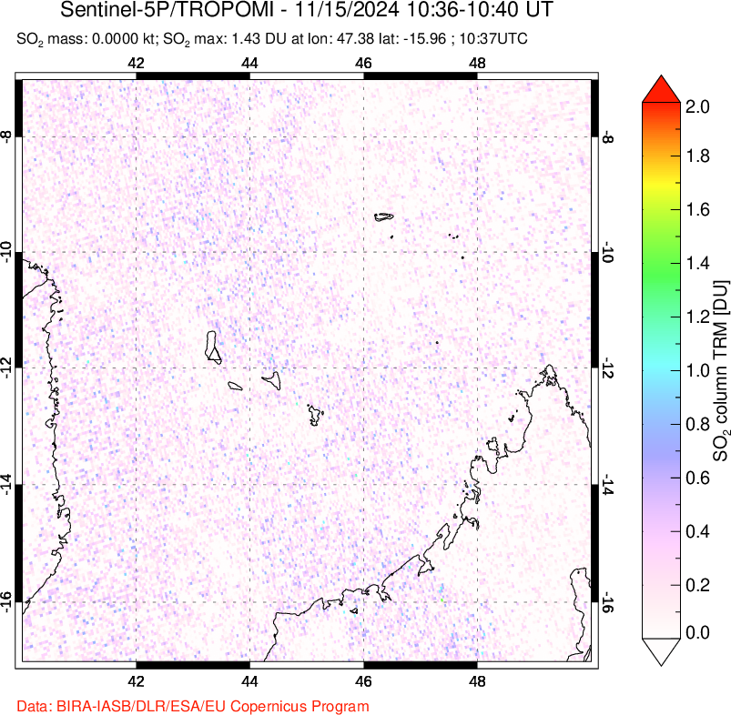 A sulfur dioxide image over Comoro Islands on Nov 15, 2024.