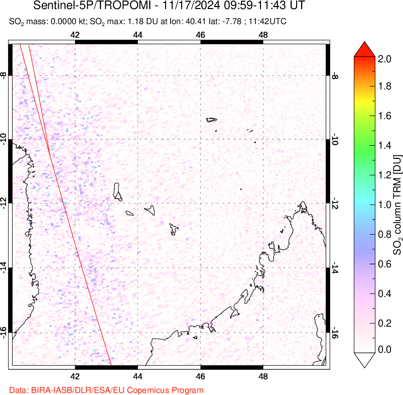 A sulfur dioxide image over Comoro Islands on Nov 17, 2024.