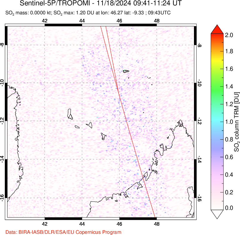 A sulfur dioxide image over Comoro Islands on Nov 18, 2024.