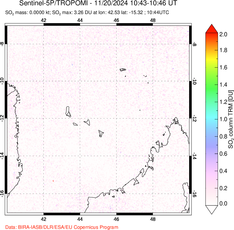 A sulfur dioxide image over Comoro Islands on Nov 20, 2024.