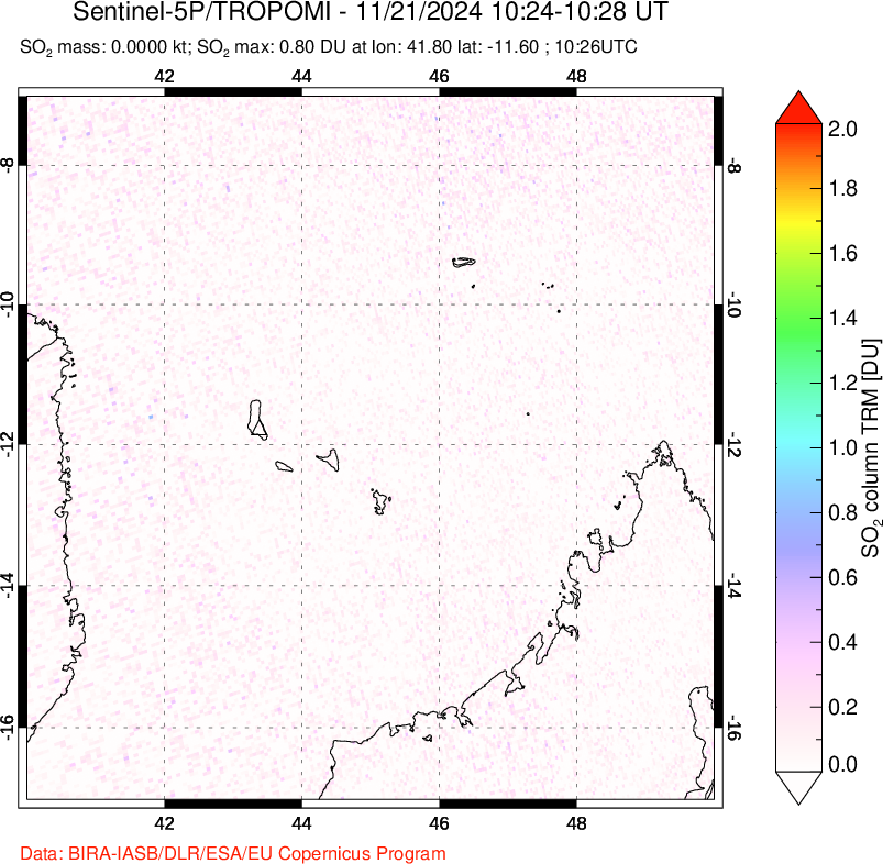 A sulfur dioxide image over Comoro Islands on Nov 21, 2024.