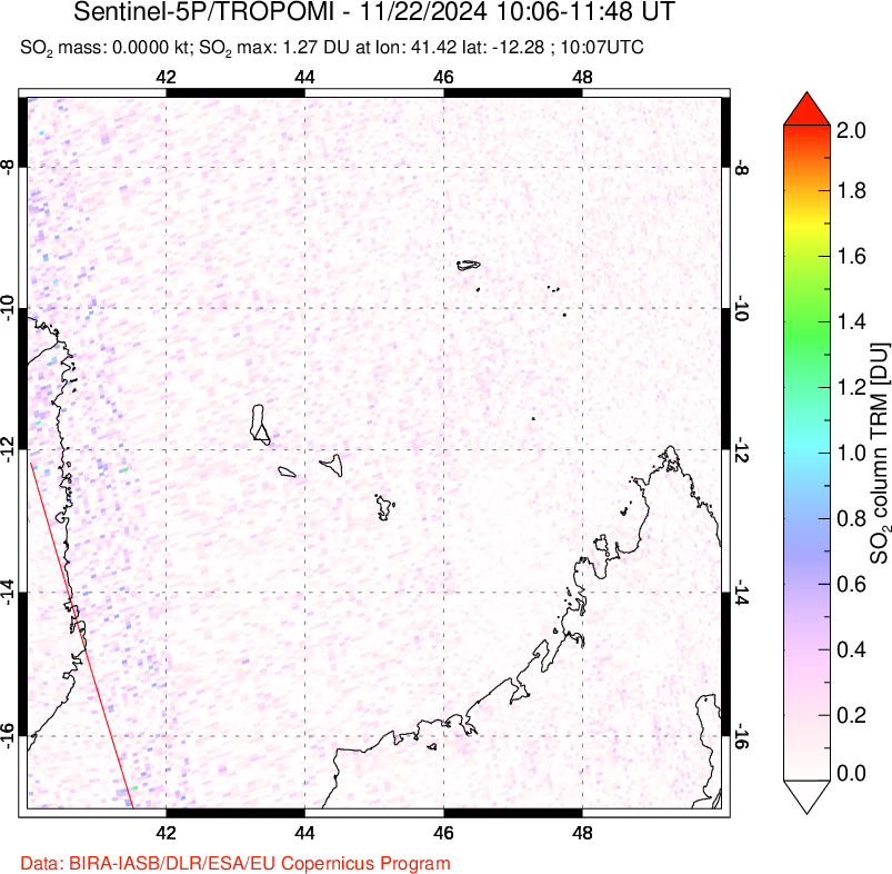 A sulfur dioxide image over Comoro Islands on Nov 22, 2024.