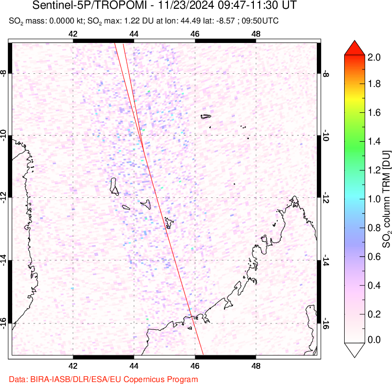 A sulfur dioxide image over Comoro Islands on Nov 23, 2024.