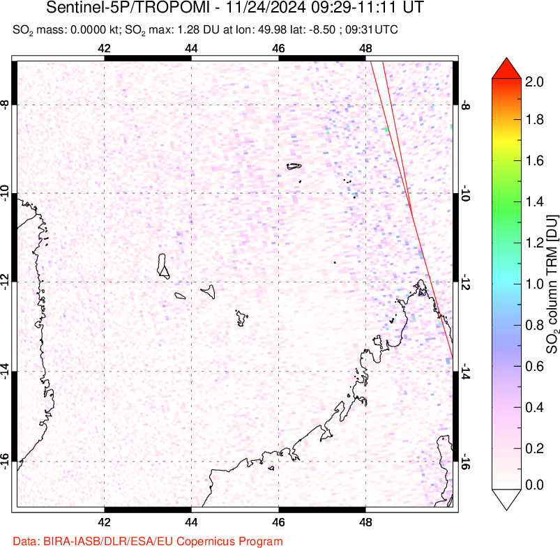 A sulfur dioxide image over Comoro Islands on Nov 24, 2024.