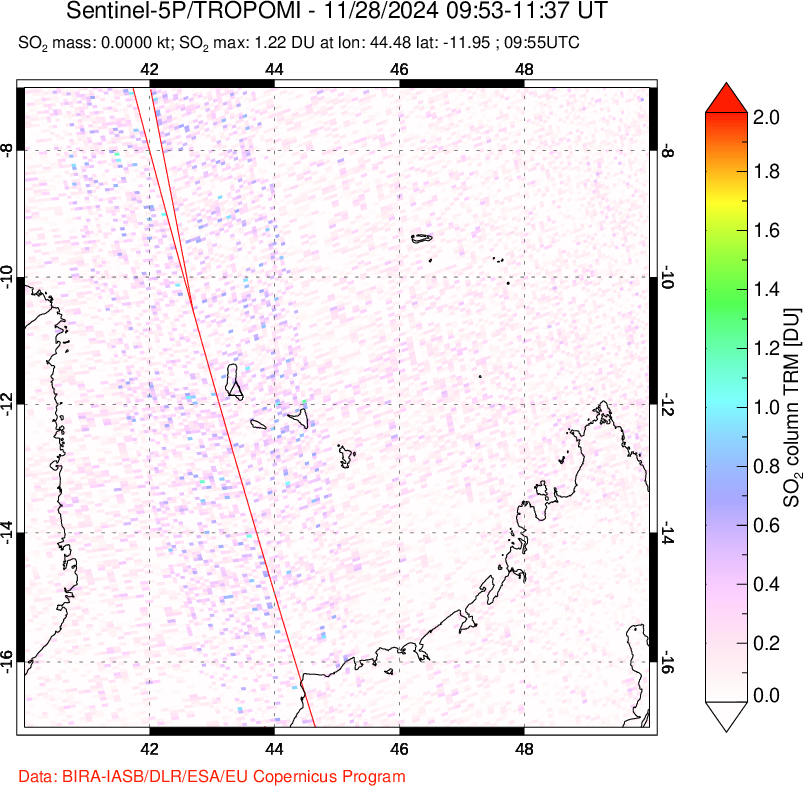 A sulfur dioxide image over Comoro Islands on Nov 28, 2024.