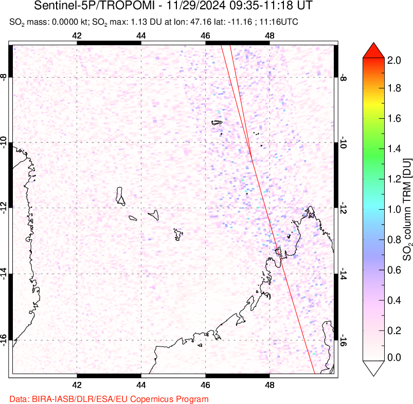 A sulfur dioxide image over Comoro Islands on Nov 29, 2024.