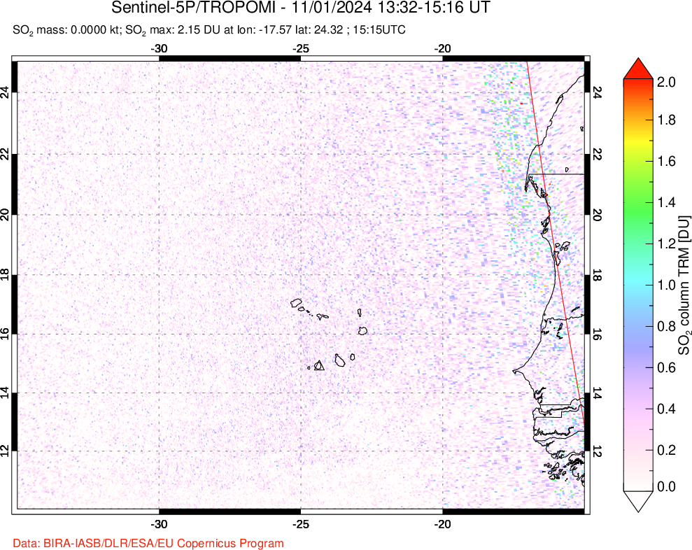 A sulfur dioxide image over Cape Verde Islands on Nov 01, 2024.