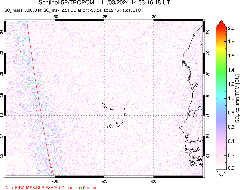 A sulfur dioxide image over Cape Verde Islands on Nov 03, 2024.