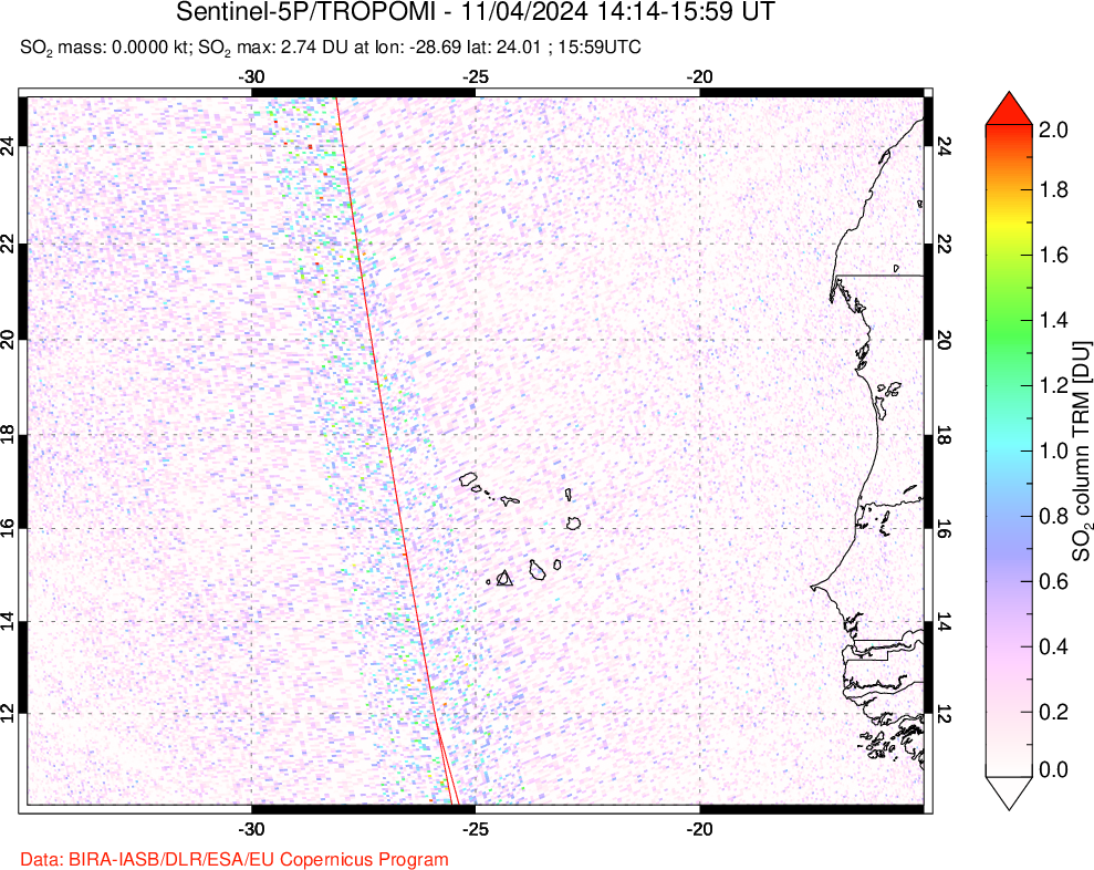 A sulfur dioxide image over Cape Verde Islands on Nov 04, 2024.