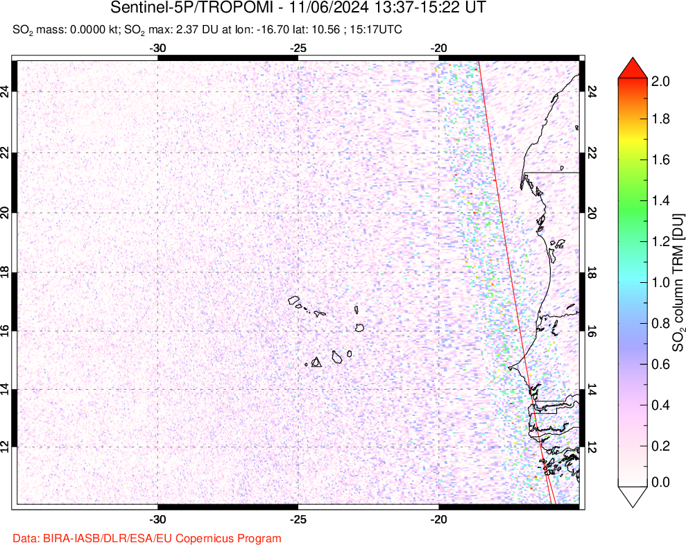 A sulfur dioxide image over Cape Verde Islands on Nov 06, 2024.