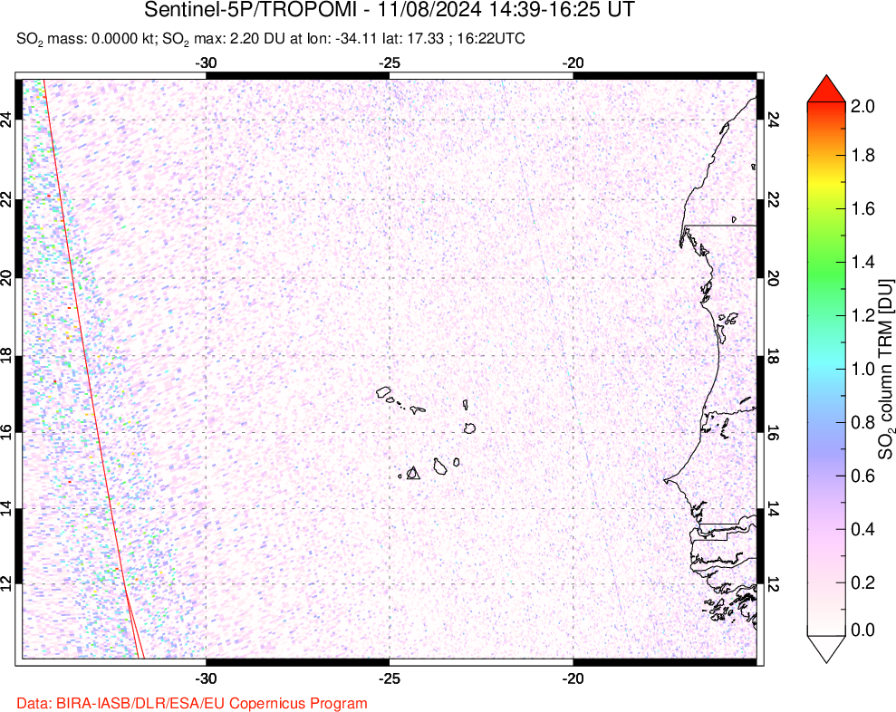 A sulfur dioxide image over Cape Verde Islands on Nov 08, 2024.