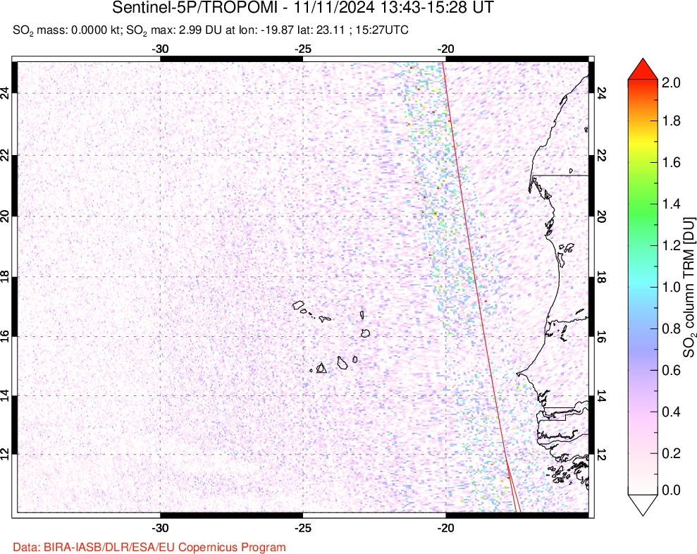 A sulfur dioxide image over Cape Verde Islands on Nov 11, 2024.