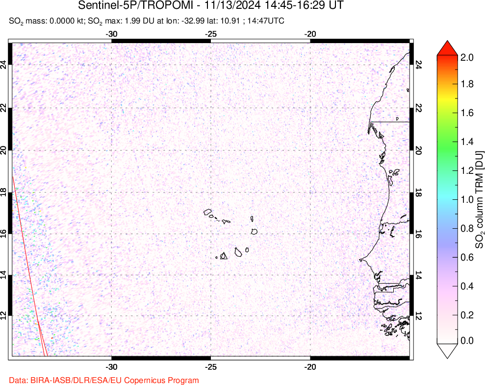 A sulfur dioxide image over Cape Verde Islands on Nov 13, 2024.