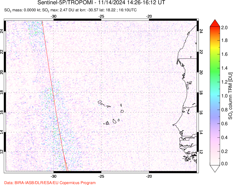 A sulfur dioxide image over Cape Verde Islands on Nov 14, 2024.