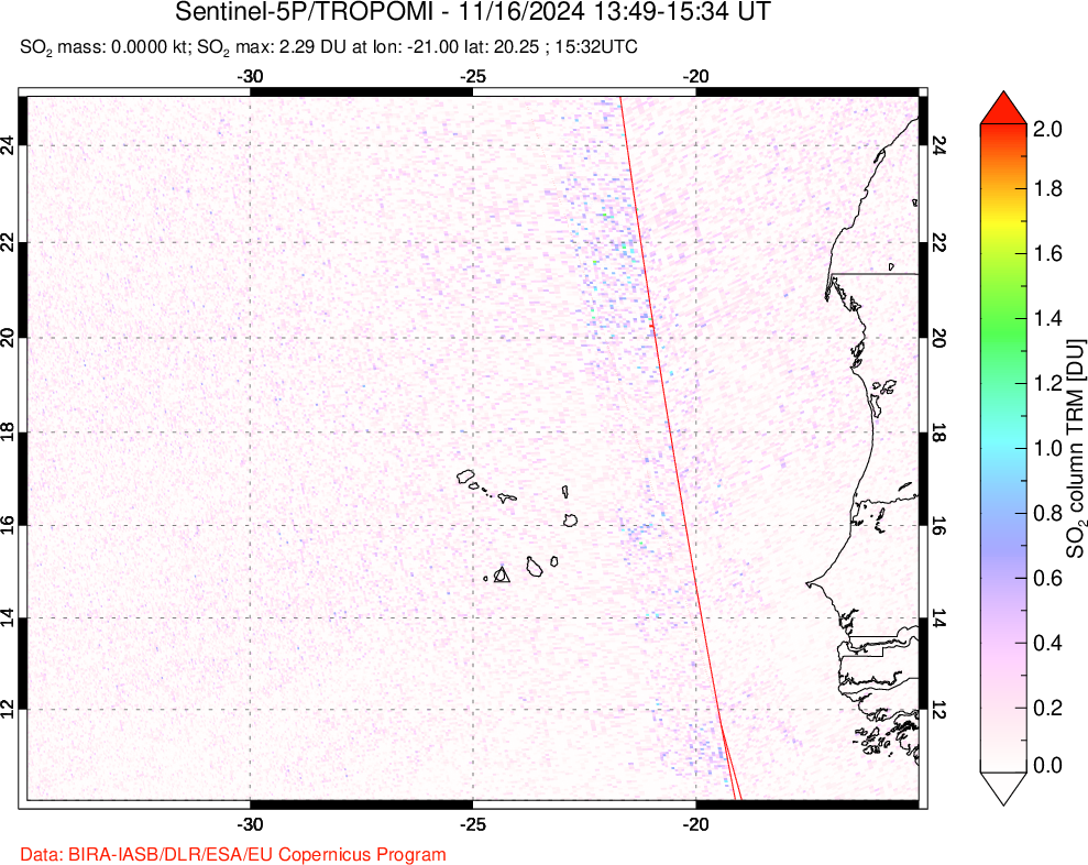 A sulfur dioxide image over Cape Verde Islands on Nov 16, 2024.