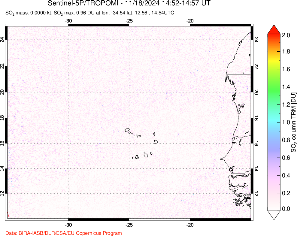 A sulfur dioxide image over Cape Verde Islands on Nov 18, 2024.