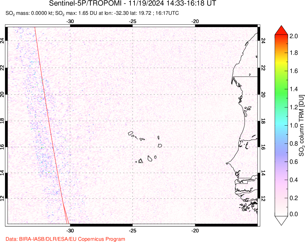 A sulfur dioxide image over Cape Verde Islands on Nov 19, 2024.