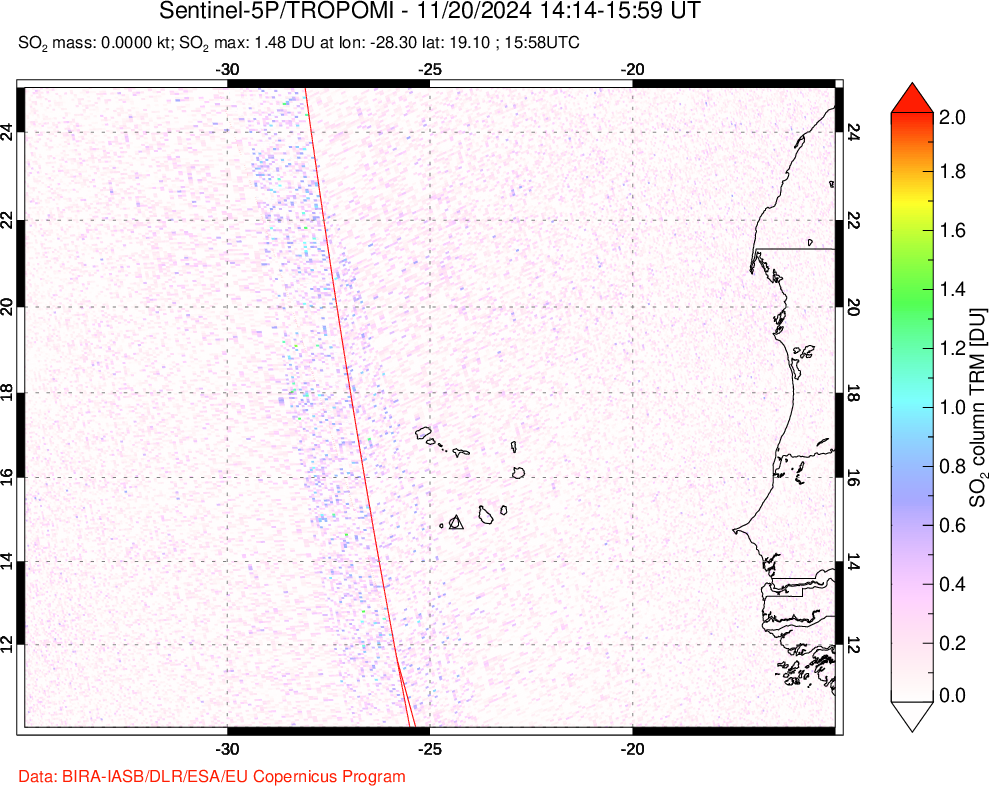 A sulfur dioxide image over Cape Verde Islands on Nov 20, 2024.