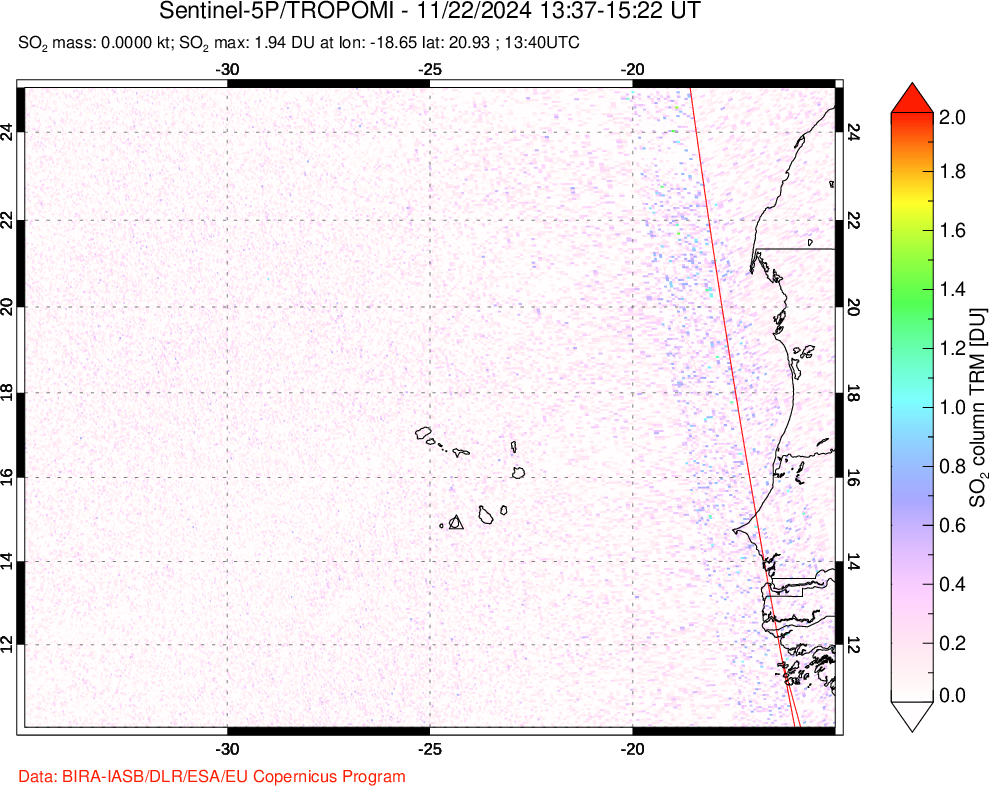 A sulfur dioxide image over Cape Verde Islands on Nov 22, 2024.