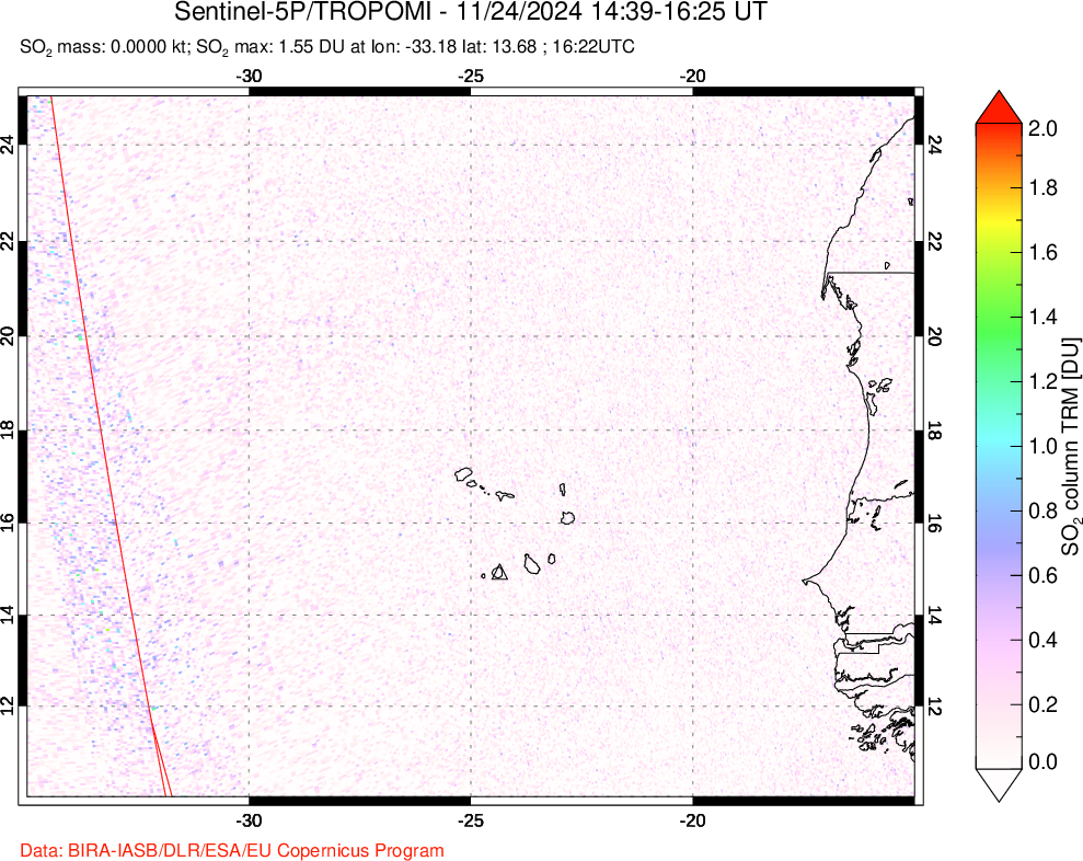 A sulfur dioxide image over Cape Verde Islands on Nov 24, 2024.