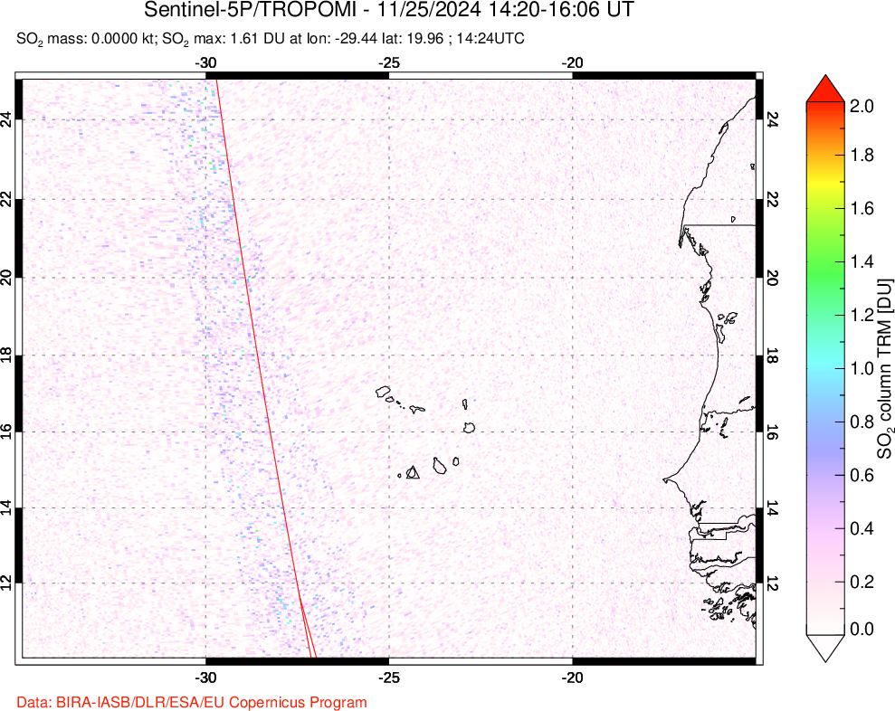 A sulfur dioxide image over Cape Verde Islands on Nov 25, 2024.