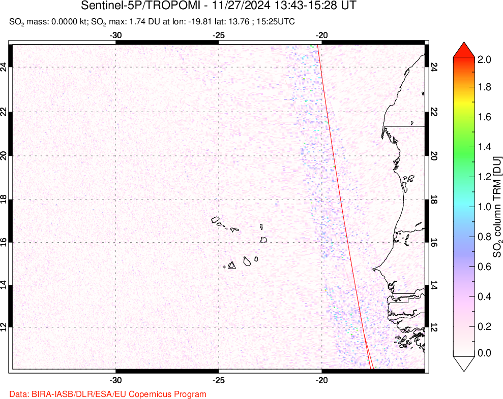 A sulfur dioxide image over Cape Verde Islands on Nov 27, 2024.