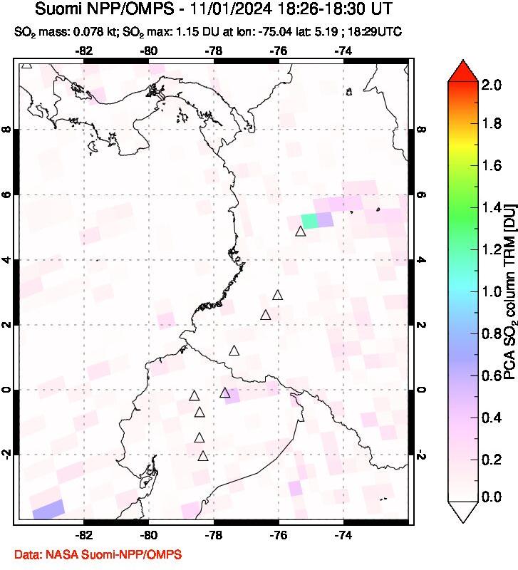 A sulfur dioxide image over Ecuador on Nov 01, 2024.