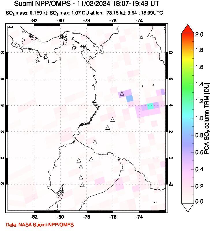 A sulfur dioxide image over Ecuador on Nov 02, 2024.