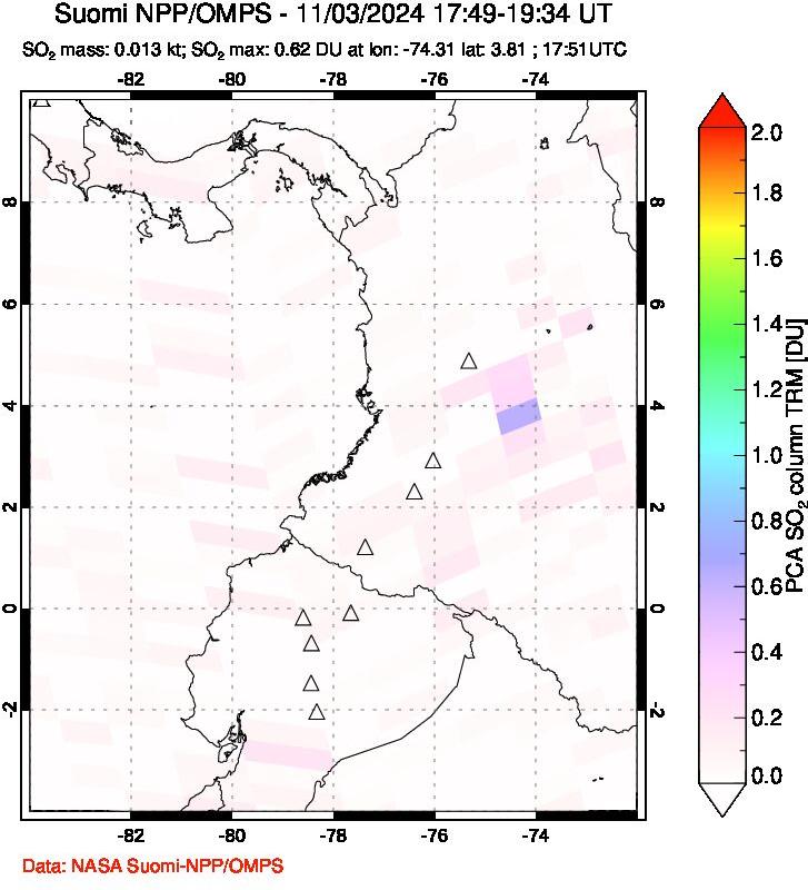 A sulfur dioxide image over Ecuador on Nov 03, 2024.