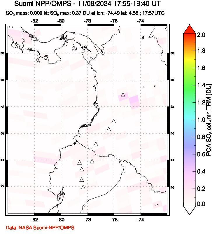 A sulfur dioxide image over Ecuador on Nov 08, 2024.