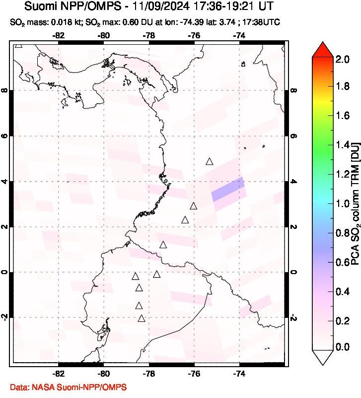 A sulfur dioxide image over Ecuador on Nov 09, 2024.