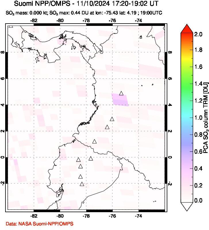 A sulfur dioxide image over Ecuador on Nov 10, 2024.