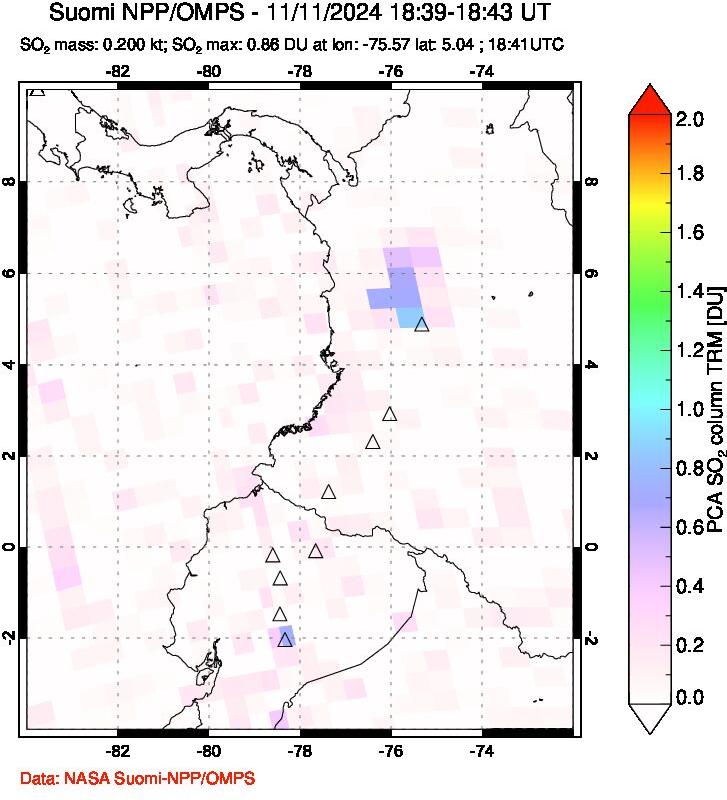 A sulfur dioxide image over Ecuador on Nov 11, 2024.