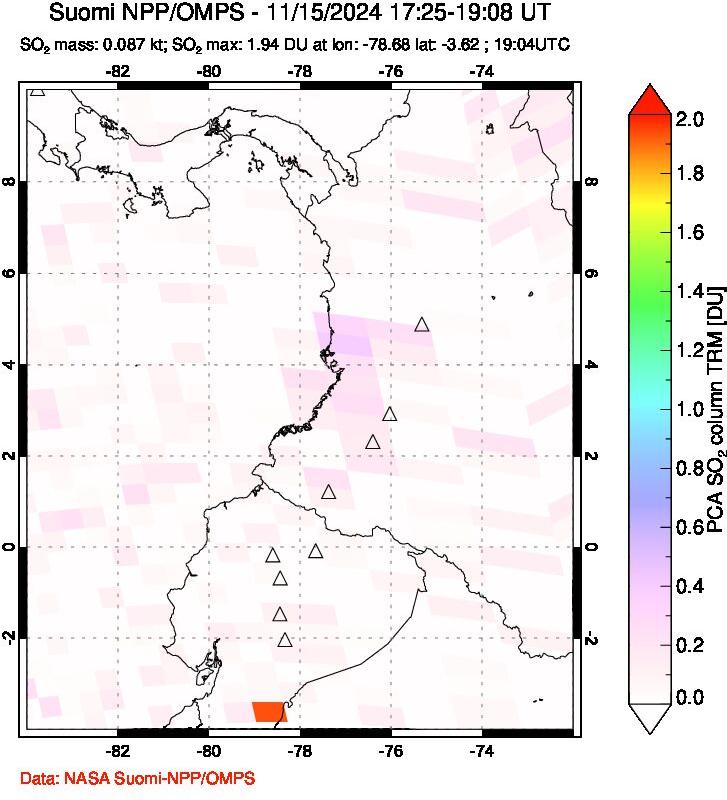 A sulfur dioxide image over Ecuador on Nov 15, 2024.