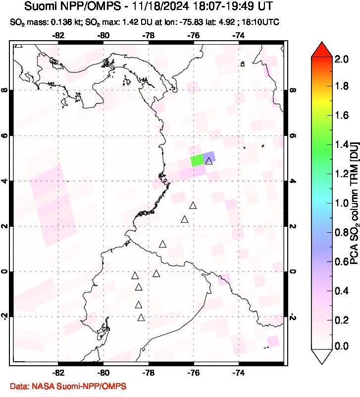 A sulfur dioxide image over Ecuador on Nov 18, 2024.