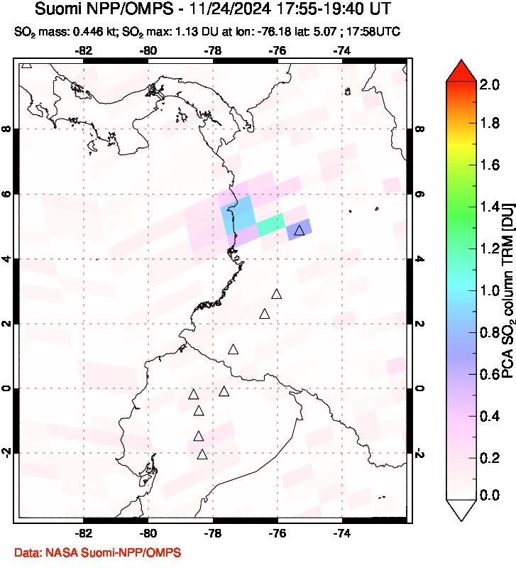 A sulfur dioxide image over Ecuador on Nov 24, 2024.