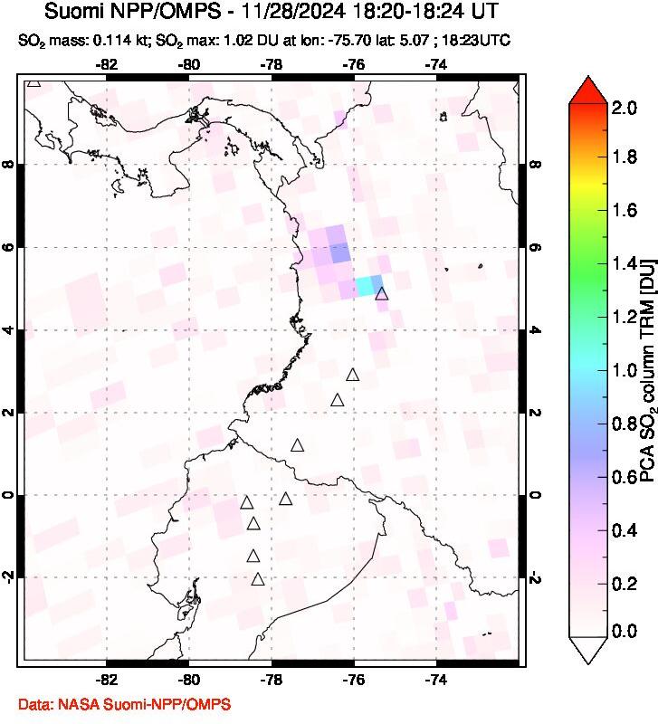 A sulfur dioxide image over Ecuador on Nov 28, 2024.