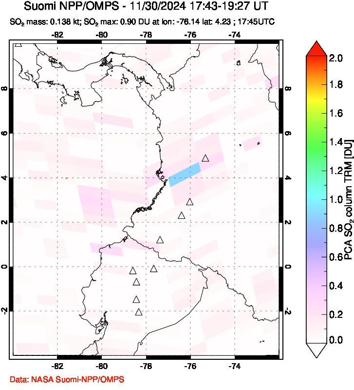 A sulfur dioxide image over Ecuador on Nov 30, 2024.