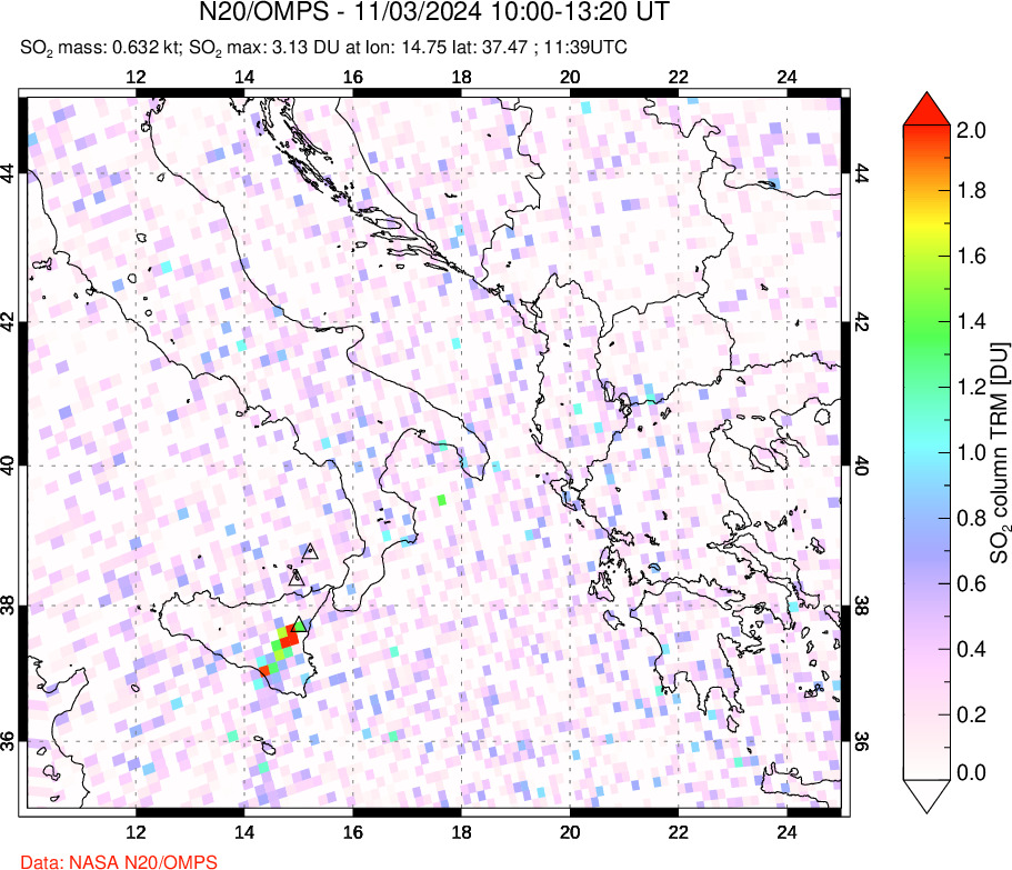 A sulfur dioxide image over Etna, Sicily, Italy on Nov 03, 2024.