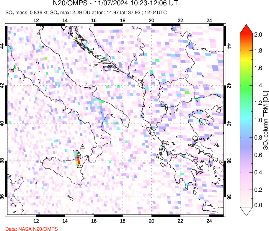A sulfur dioxide image over Etna, Sicily, Italy on Nov 07, 2024.