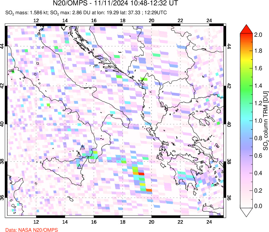 A sulfur dioxide image over Etna, Sicily, Italy on Nov 11, 2024.