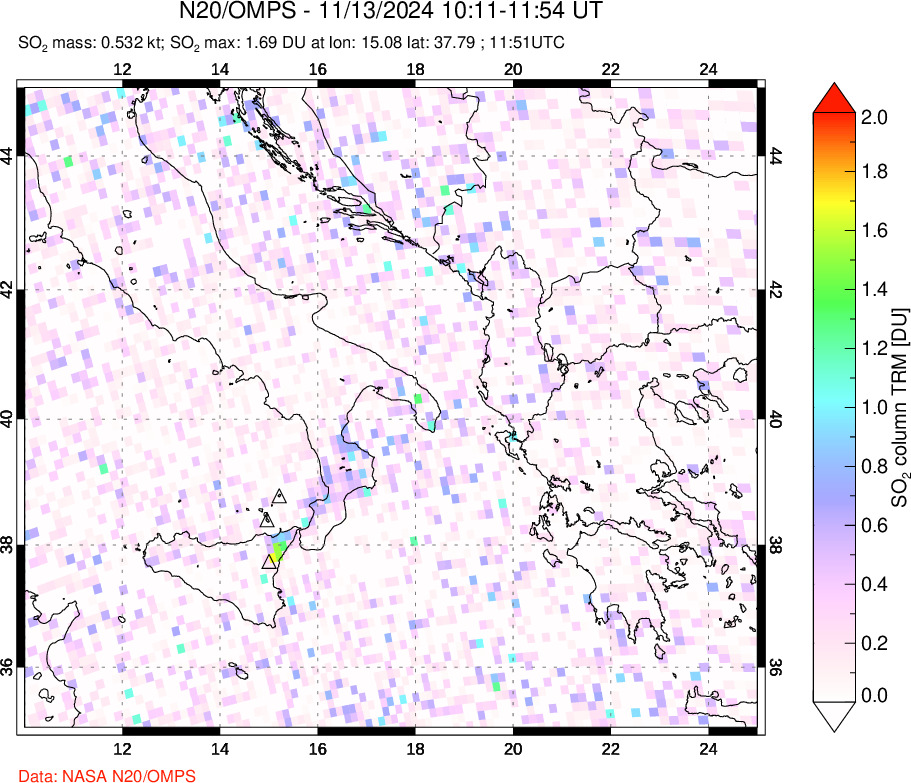 A sulfur dioxide image over Etna, Sicily, Italy on Nov 13, 2024.