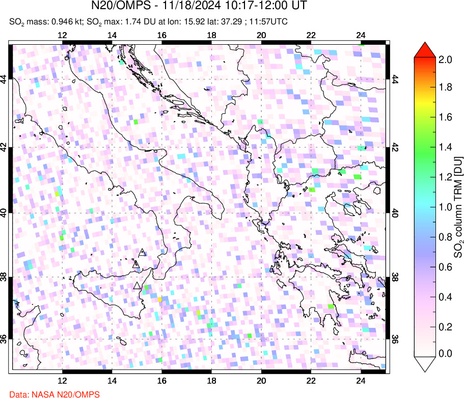 A sulfur dioxide image over Etna, Sicily, Italy on Nov 18, 2024.